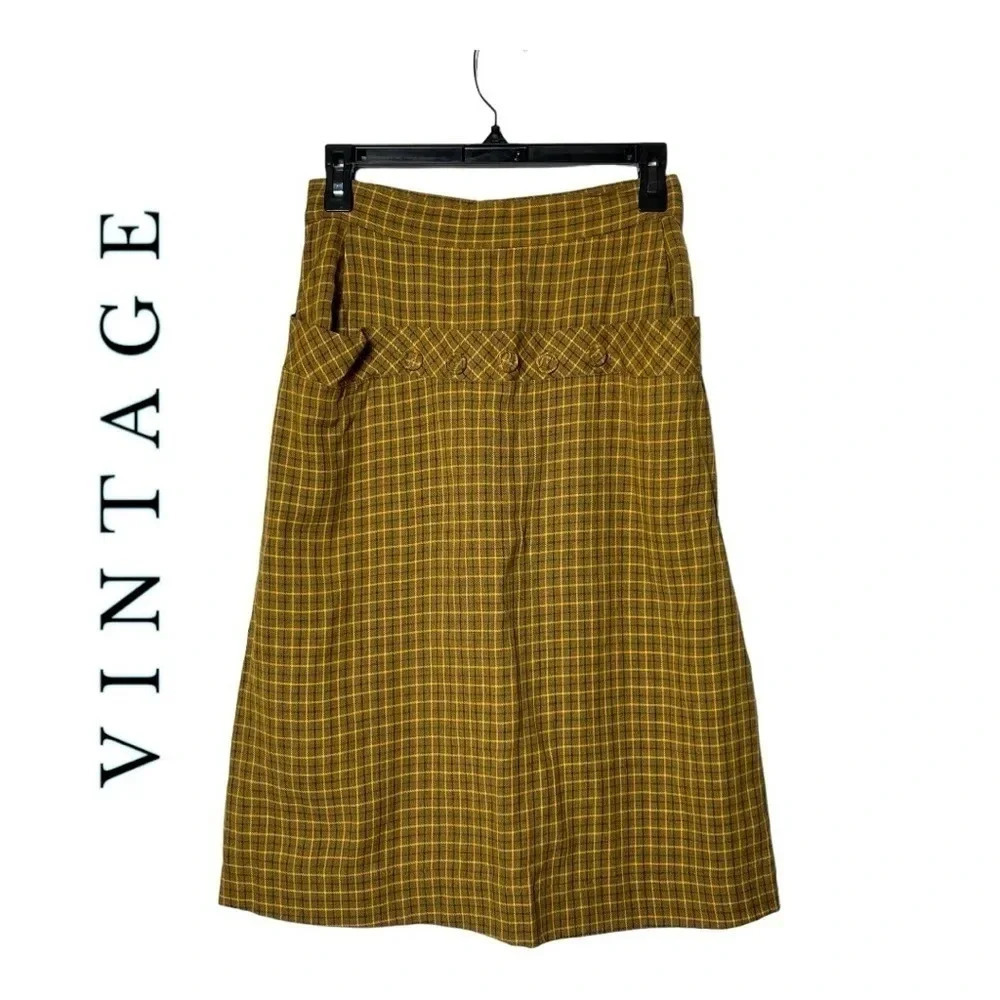 1449. VINTAGE 1960’s UNKNOWN BRAND MIDI LENGTH PLAID PATTERN SKIRT‎ YELLOW/GREEN